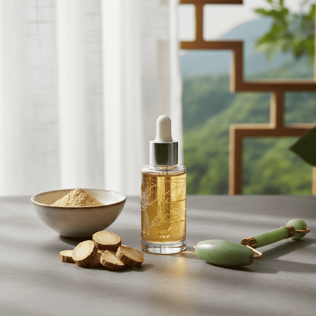 Concentrated Panax Notoginseng serum with sliced roots highlighting Yunnan-sourced botanical skin benefits
