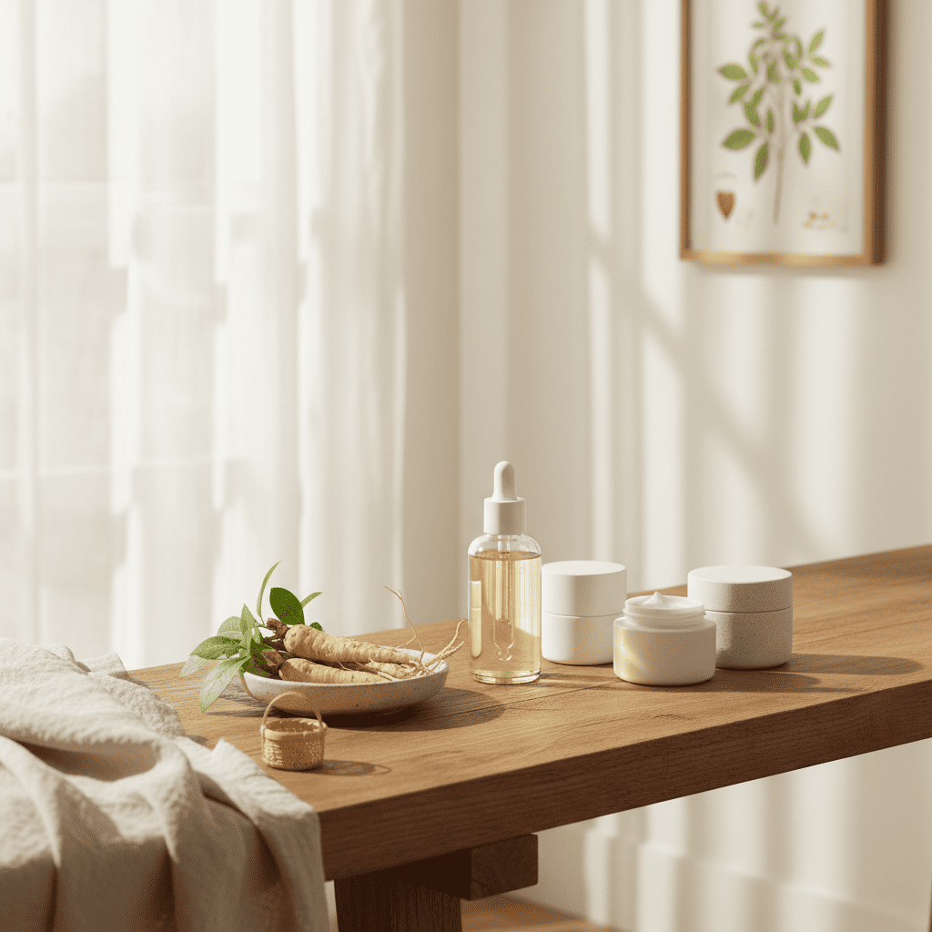 Minimalist skin firming serum display featuring clean beauty Panax Notoginseng formulations in natural setting