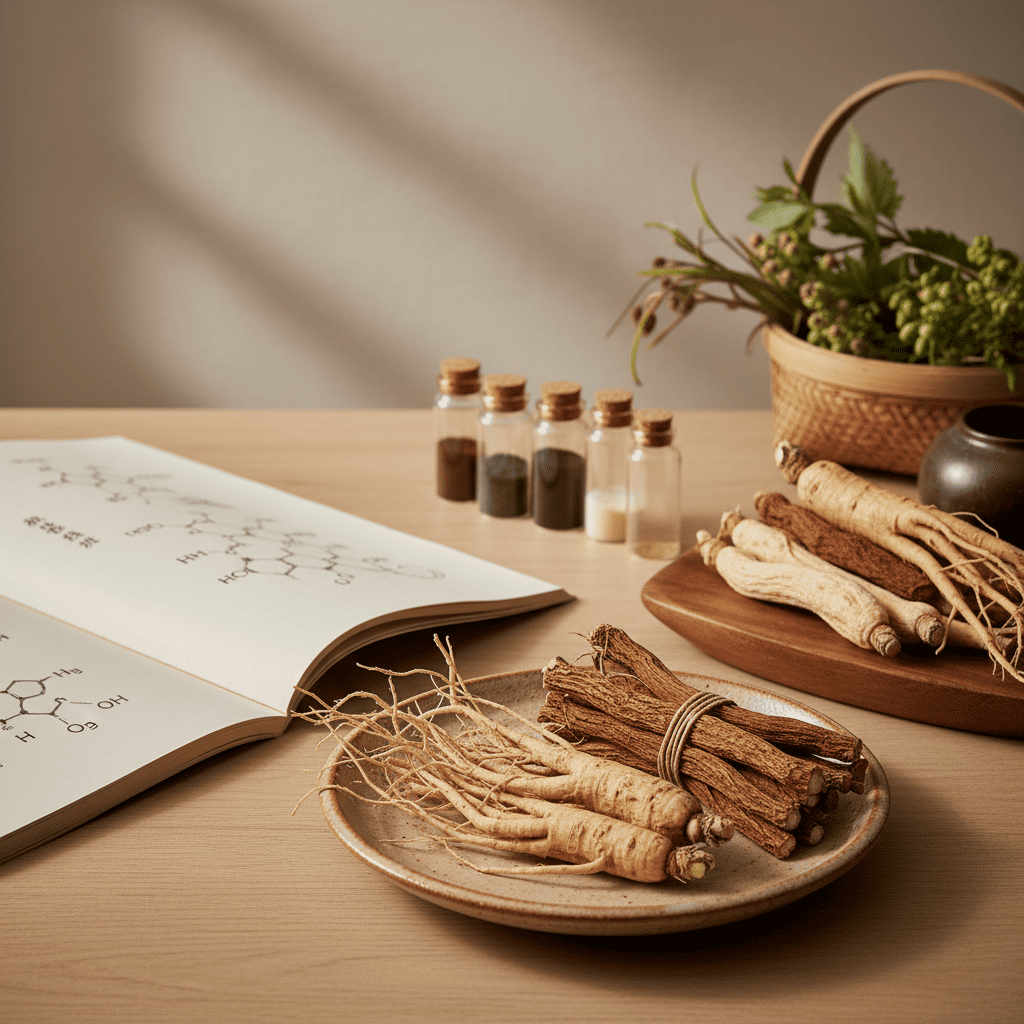 Panax Notoginseng and Panax Ginseng root comparison showing ginsenoside content for traditional Chinese medicine skincare