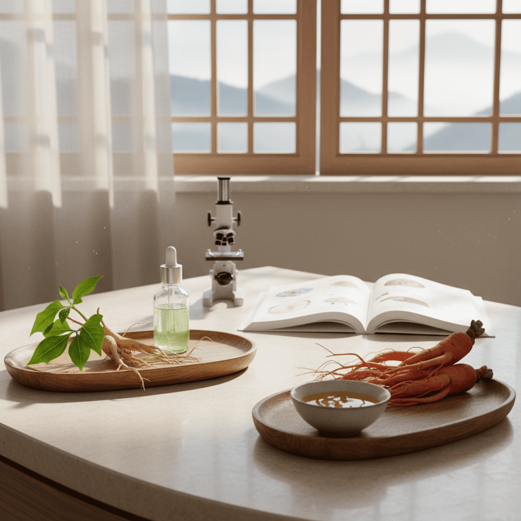Scientific research setup comparing Panax Notoginseng and Panax Ginseng roots for adaptogenic skincare properties