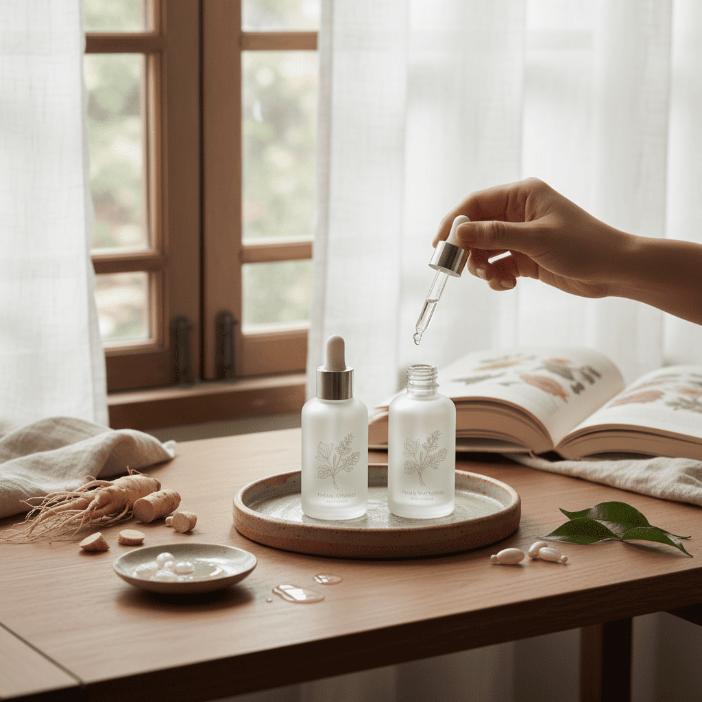 Applying Panax Ginseng serum demonstrating adaptogenic properties and beneficial effects for skin health routine