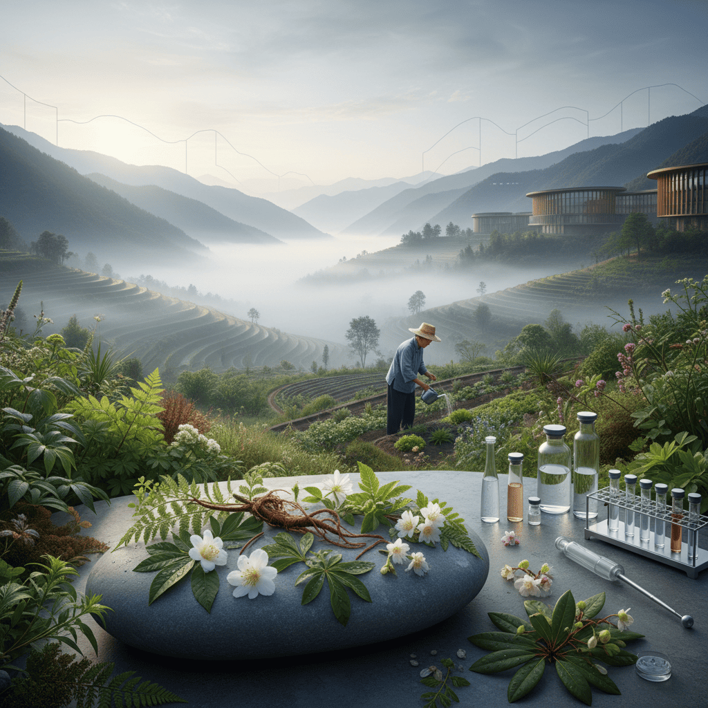 Yunnan Highlands botanical farming with plant-based skincare ingredients and eco-friendly extraction technology setup