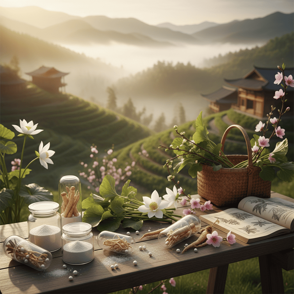 Traditional Chinese medicine botanical harvest in Yunnan Province for natural skincare and vegan cosmetic formulations