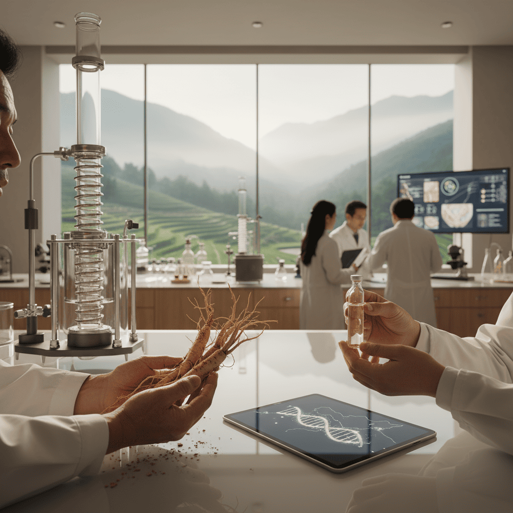 Franco-Chinese research laboratory analyzing Panax Notoginseng with DNA analysis for plant-based skin care innovation