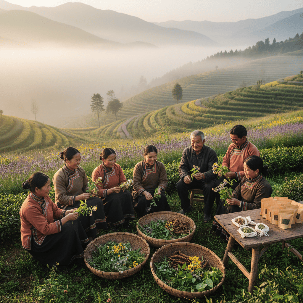 Local farming community partnership harvesting medicinal plant resources for sustainable eco-friendly skincare sourcing