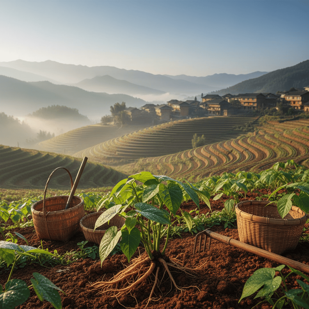 Organic Panax Notoginseng cultivation in Yunnan terraced fields for authentic nature plus science skincare ingredients