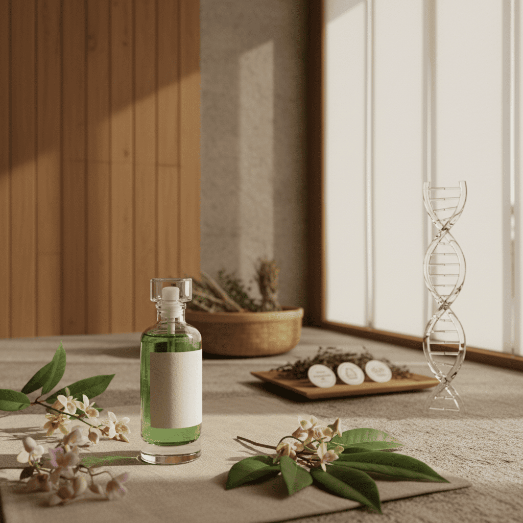 DNA-verified botanical serum with scientific extraction displaying plant-based efficacy and ethical sourcing transparency