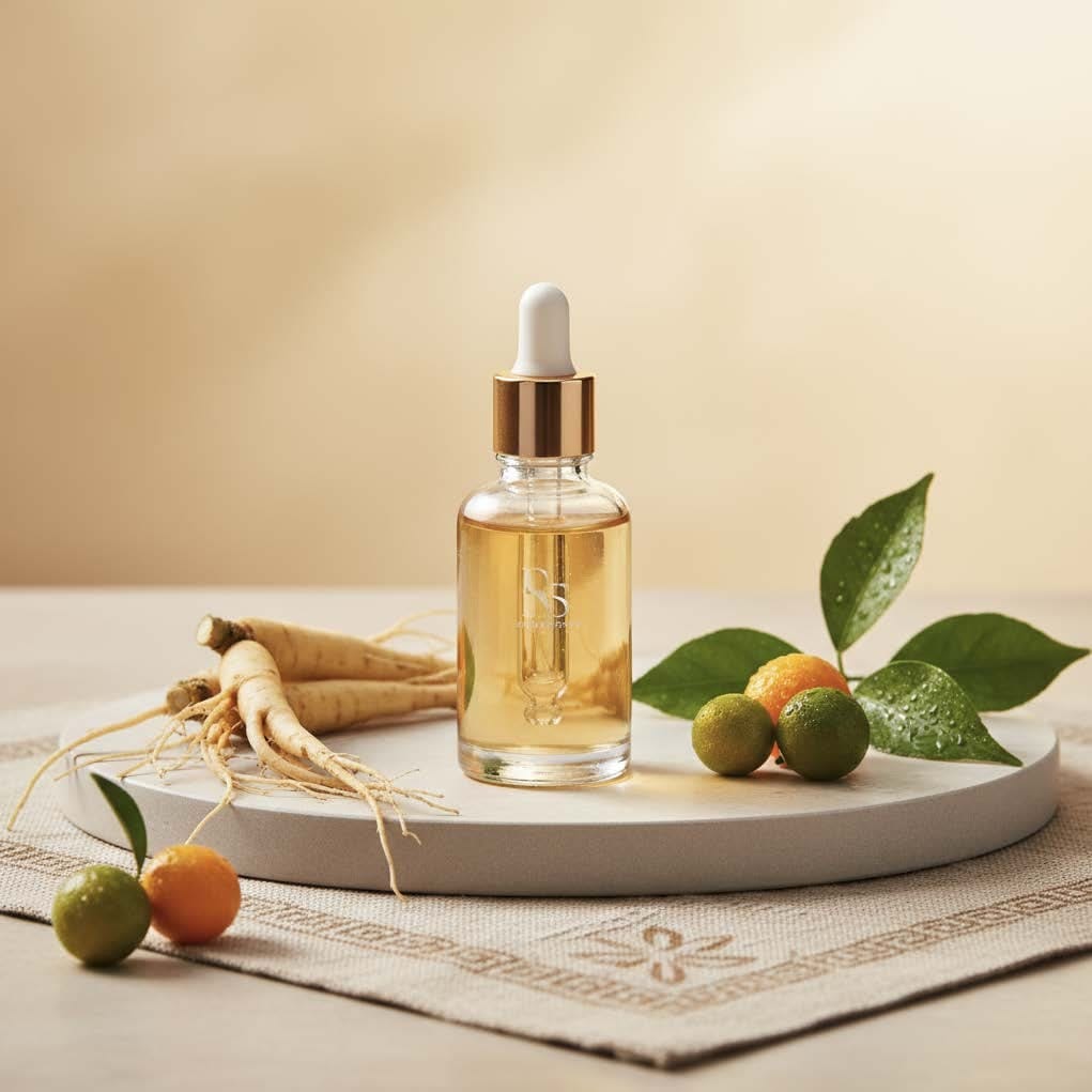 Golden skin lightening serum with ginseng roots and citrus on natural tray showcasing botanical ingredients