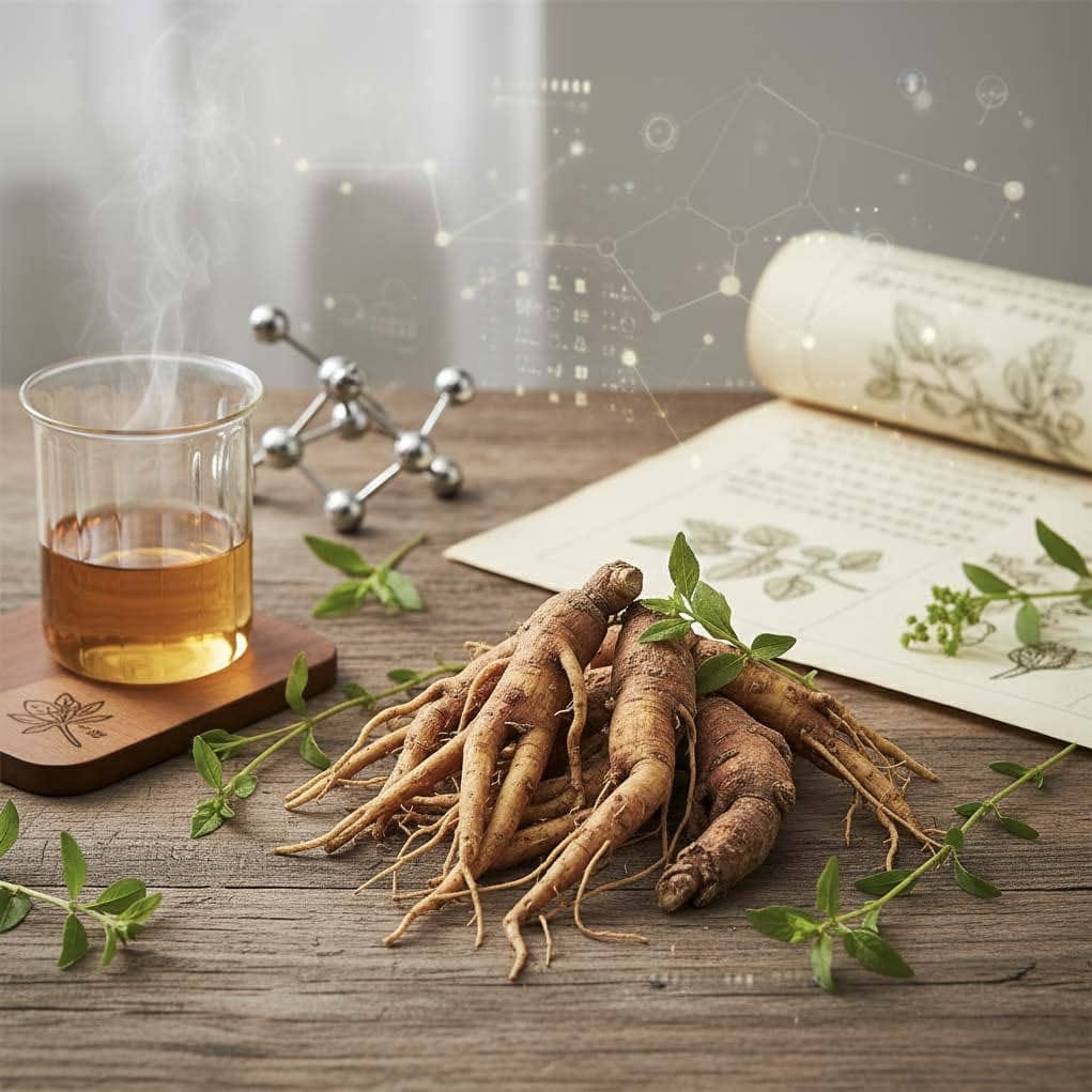Panax Notoginseng roots with molecular diagrams and herbal extract showing ginsenoside bioactive compounds