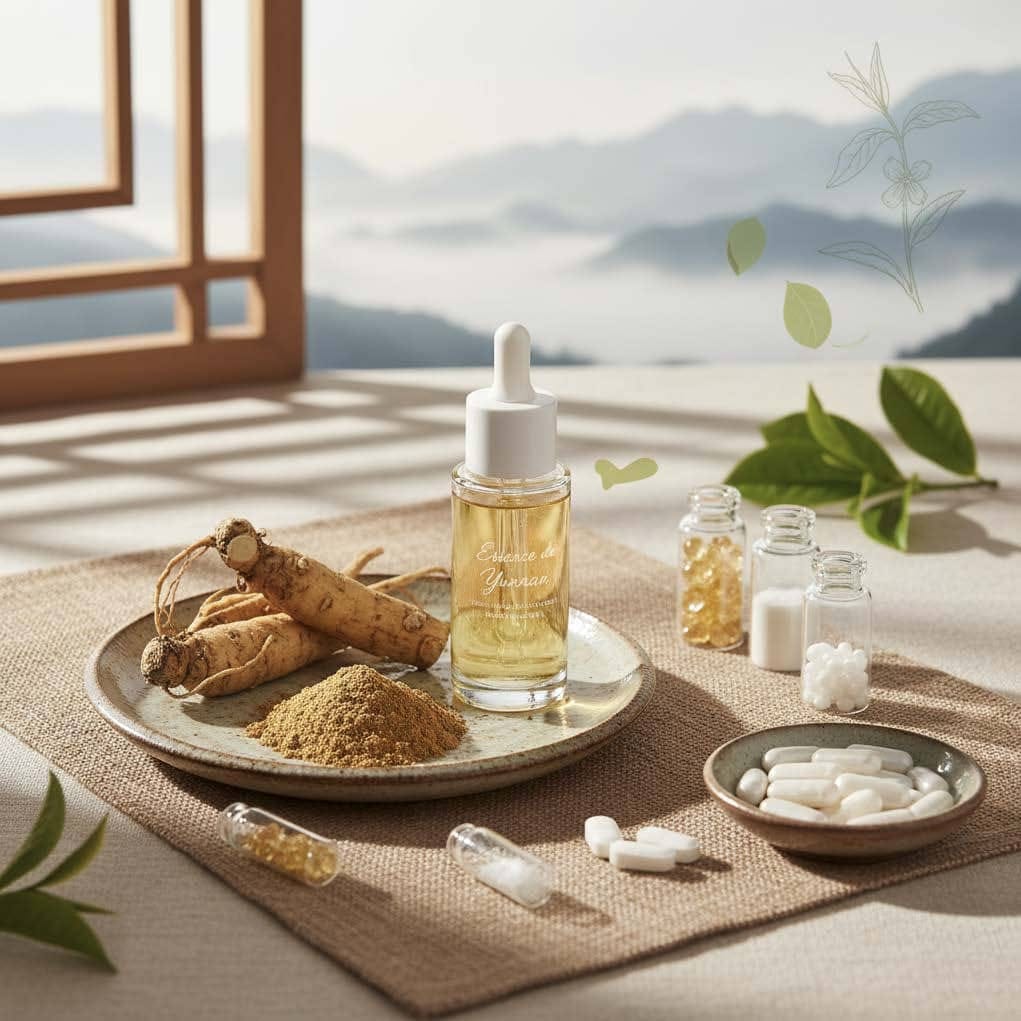 Skin lightening serum bottle with Yunnan ginseng roots and ingredients against mountain landscape backdrop
