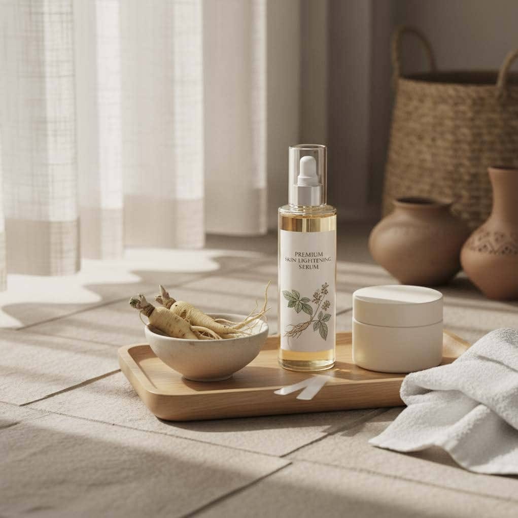 Notoginseng-based skincare serum and cream displayed with dried roots on wooden tray in natural light