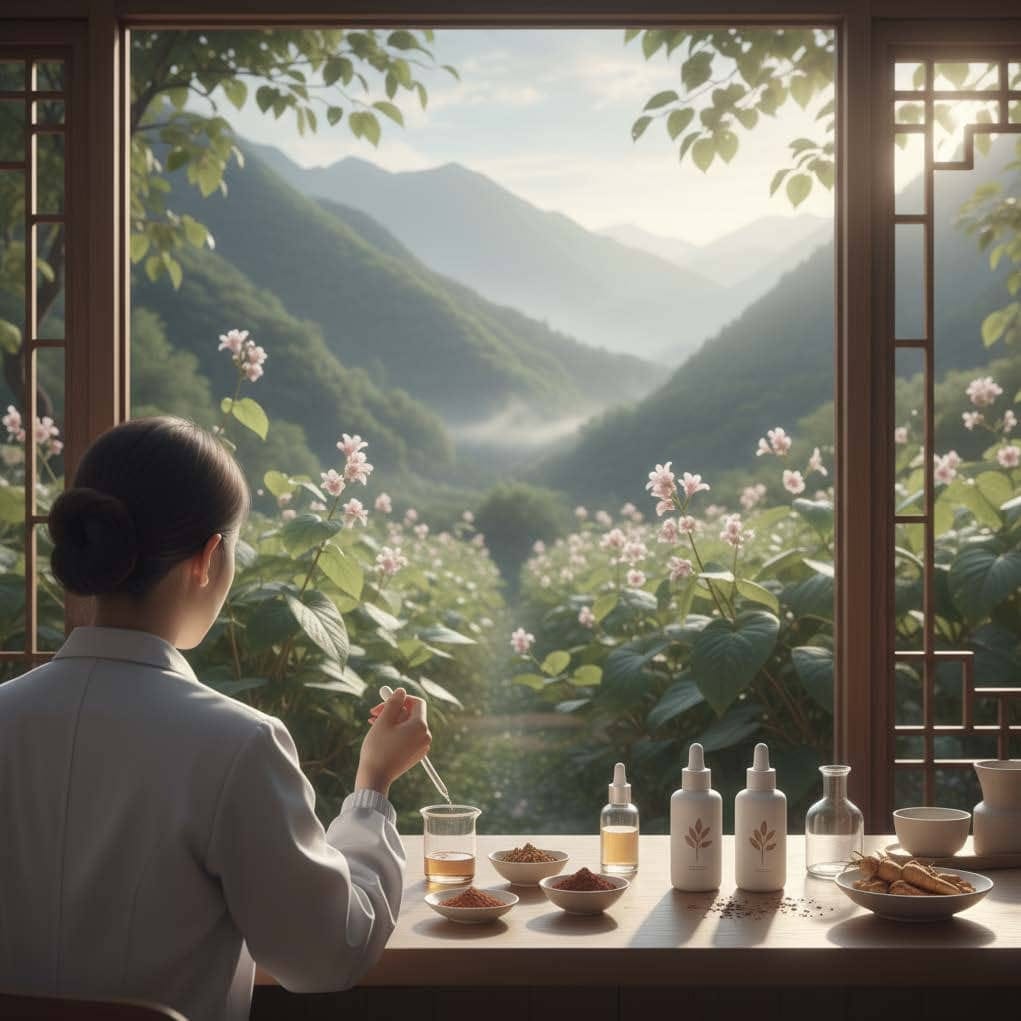 Woman enjoying tea overlooking misty Yunnan mountains with artisan skincare products on windowsill