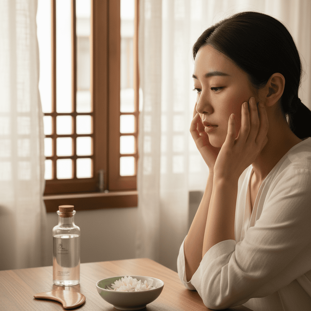 Woman gently touching face beside hydrosol and botanical skincare reflecting calm sensitive skin wellness routine
