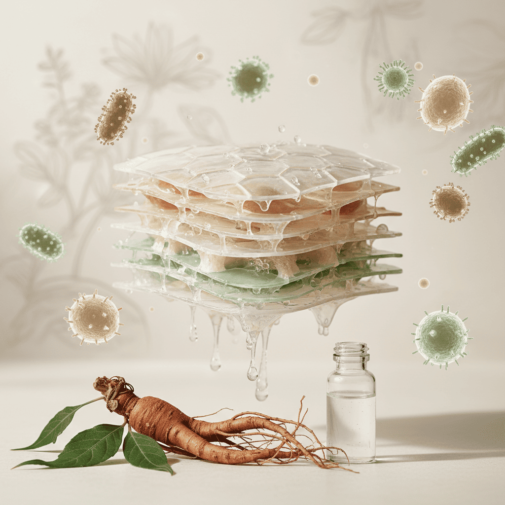 Layered skin barrier structure with microorganisms and Panax notoginseng root showing skin biome protection