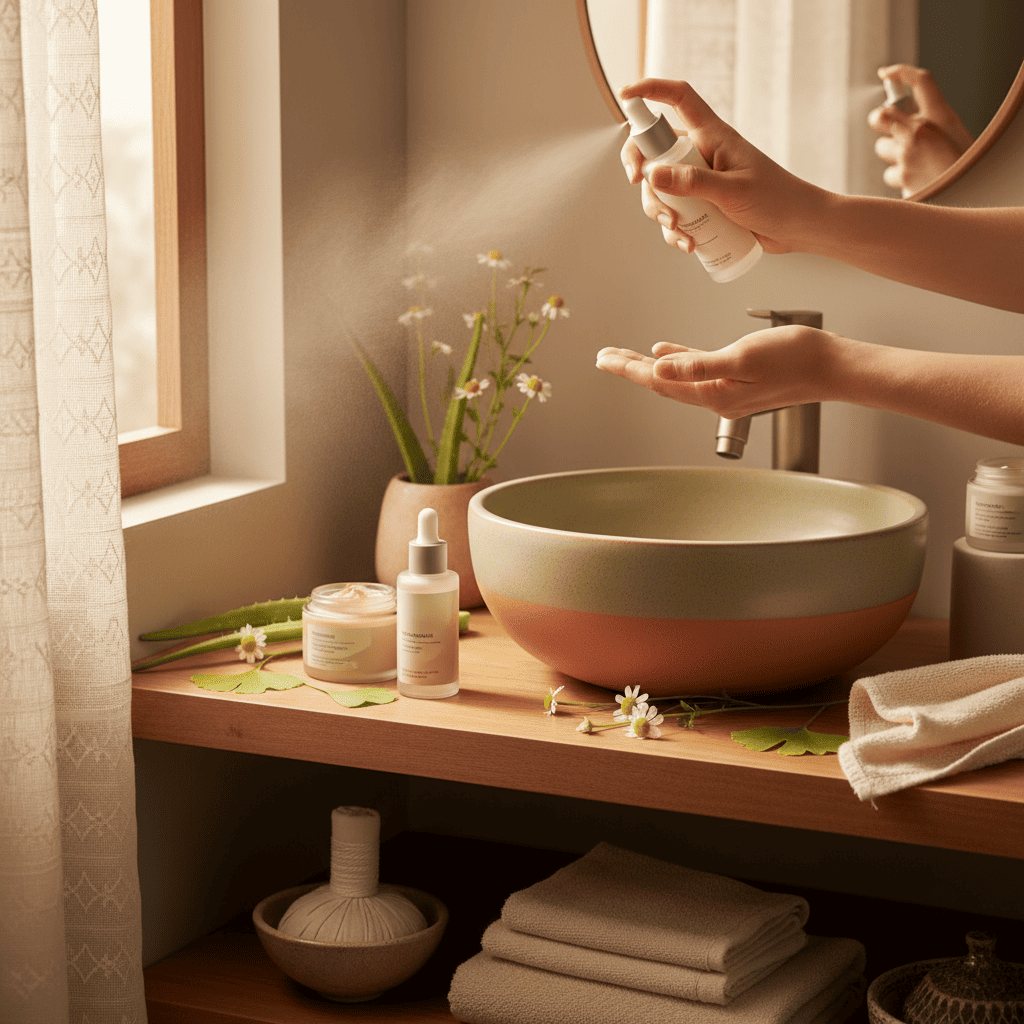 Gentle cleansing routine with hydrosol mist and natural skincare products for sensitive skin barrier repair