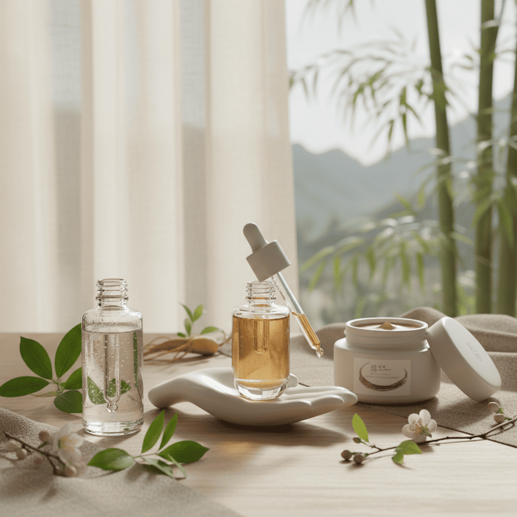 Barrier repair serum with botanical extracts and moisturizer displayed against serene mountain landscape