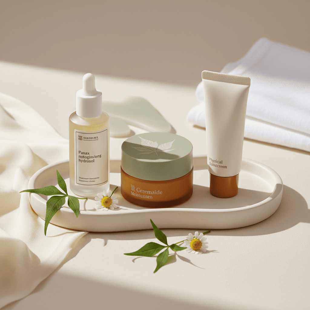 Niacinamide serum, barrier cream, and hyaluronic acid moisturizer arranged with chamomile for redness relief