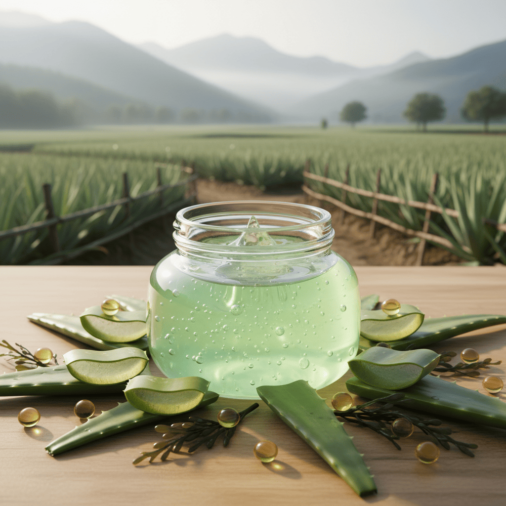 Organic aloe vera gel jar overlooking Yunnan aloe plantation showcasing sustainable botanical sourcing