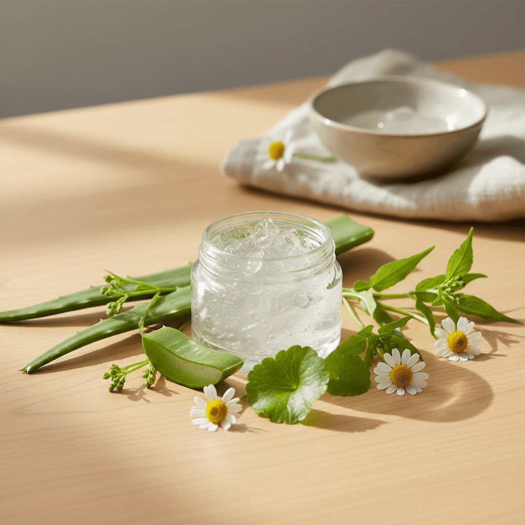 Fresh aloe vera gel with chamomile flowers demonstrating anti-inflammatory properties for wound healing relief