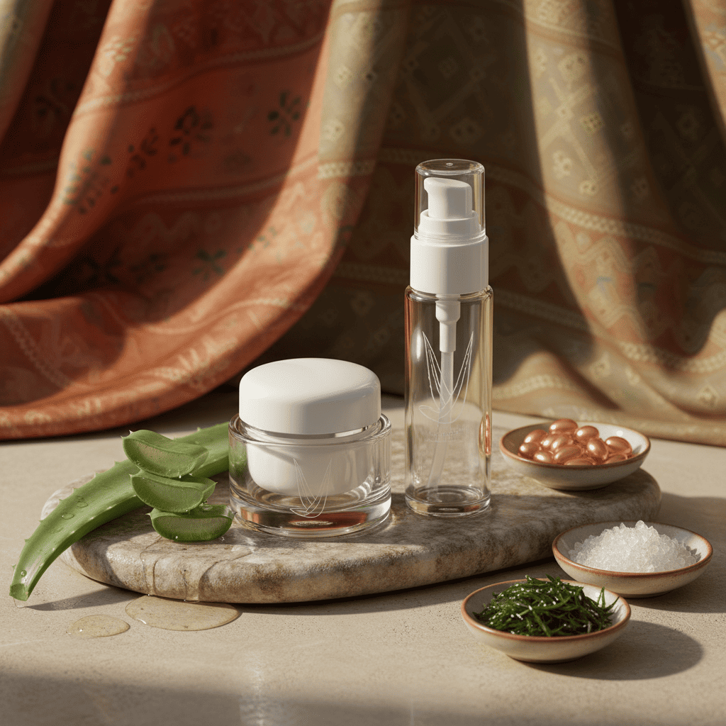 Aloe vera skincare products with fresh leaf and seaweed extract for sensitive skin barrier repair