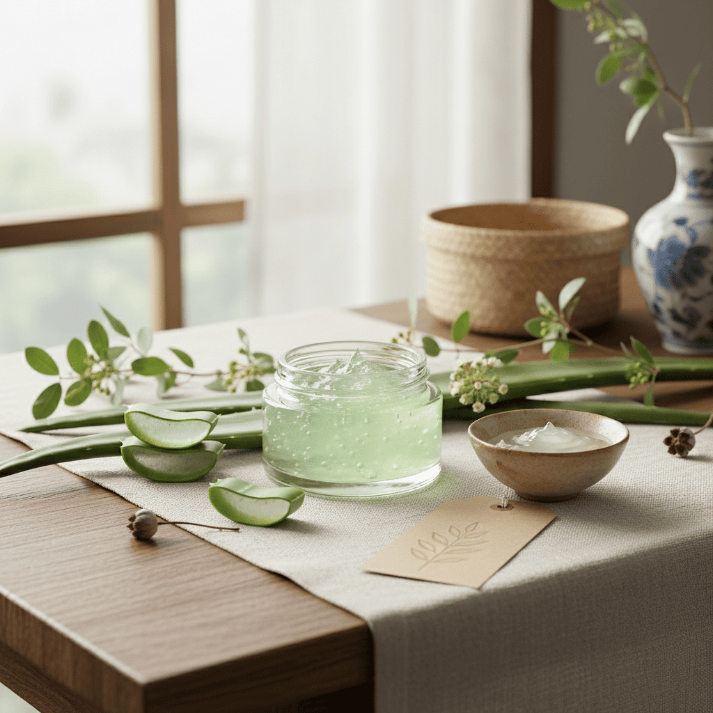 Organic aloe vera gel displayed with traditional Chinese herbal ingredients in serene Franco-Chinese aesthetic