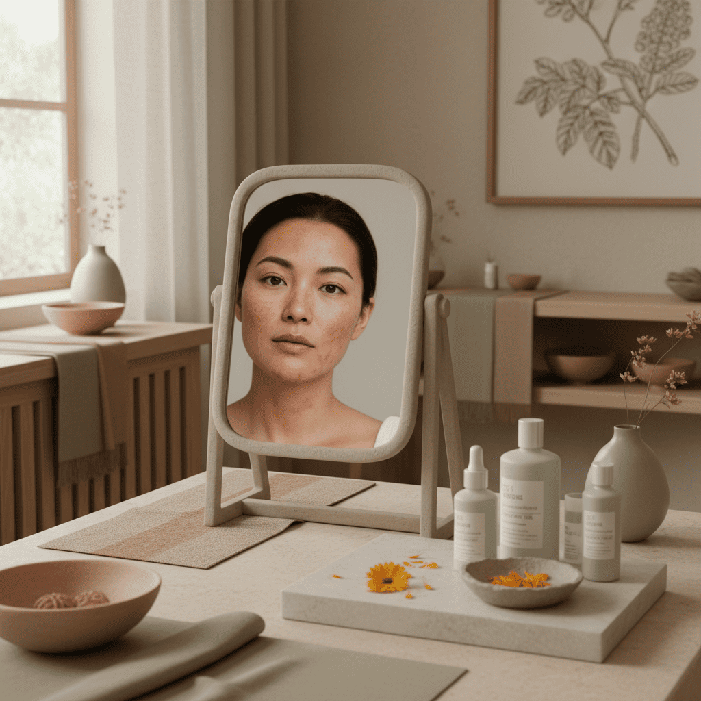 Woman with calm complexion using gentle botanical skincare routine for red blotchy skin barrier repair