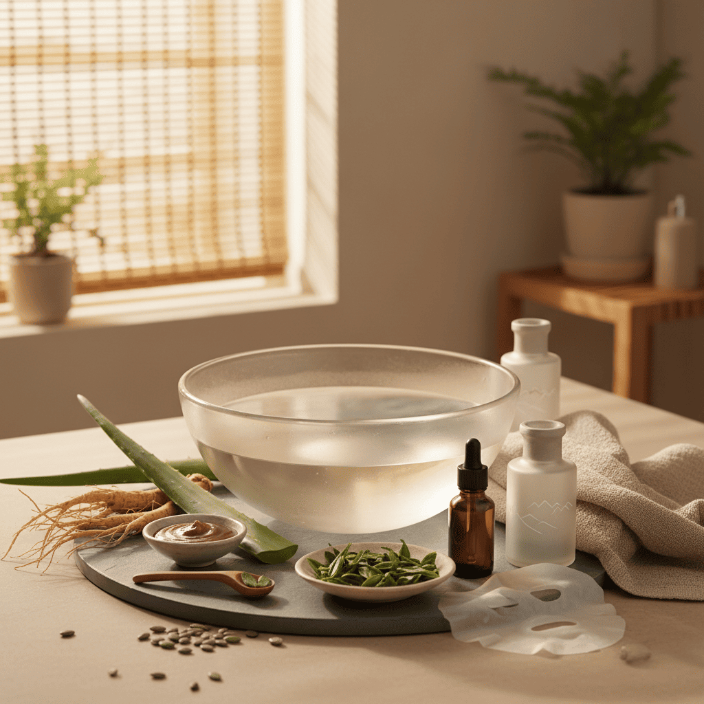 Gentle cleansing bowl with aloe vera, green tea, and Panax notoginseng for hydrating sensitive skin routine