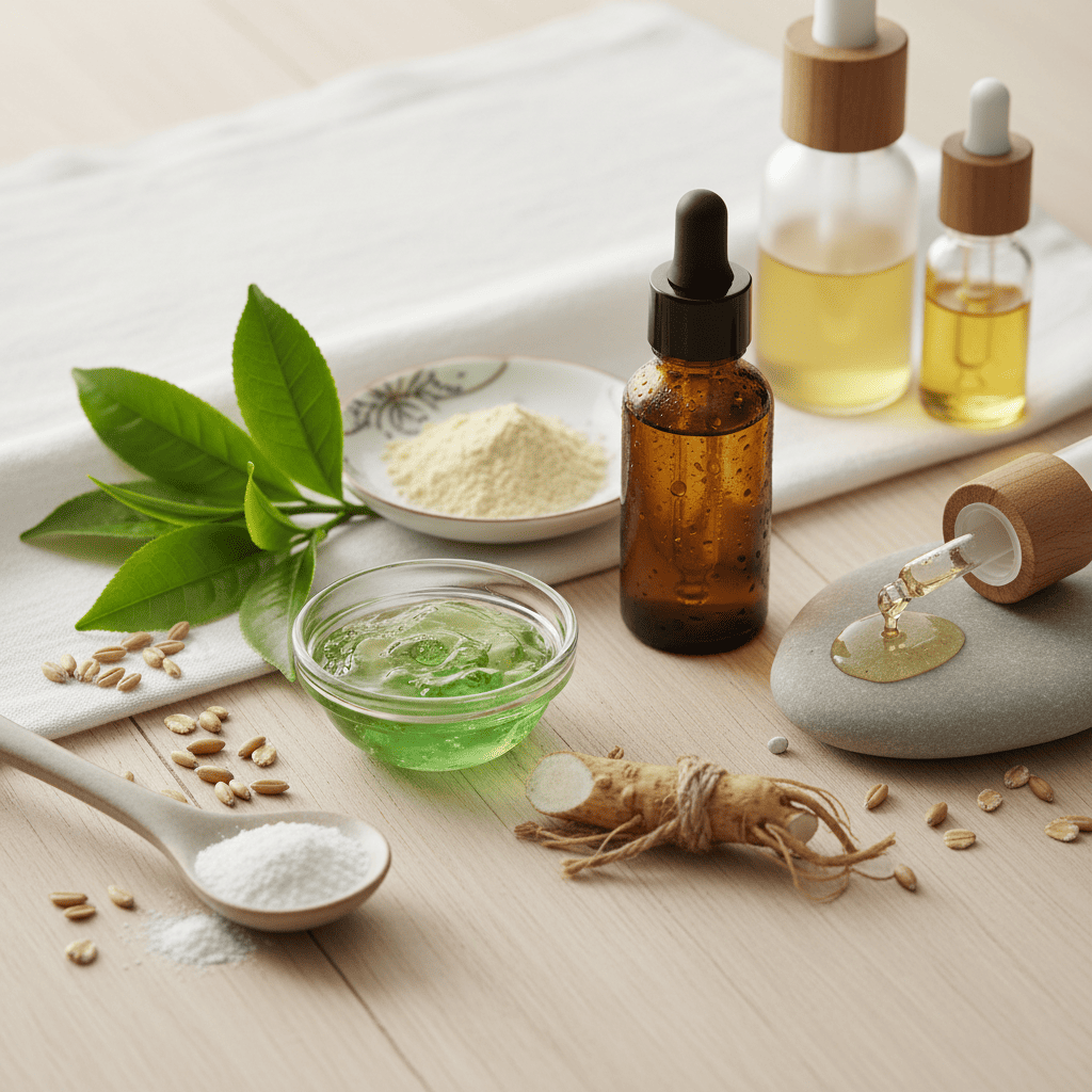 Botanical face serums with green tea extract and omega fatty acids for moisture barrier strengthening