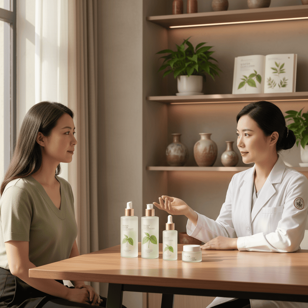 Dermatologist consulting patient about gentle skincare routine for red skin using Franco-Chinese botanical products