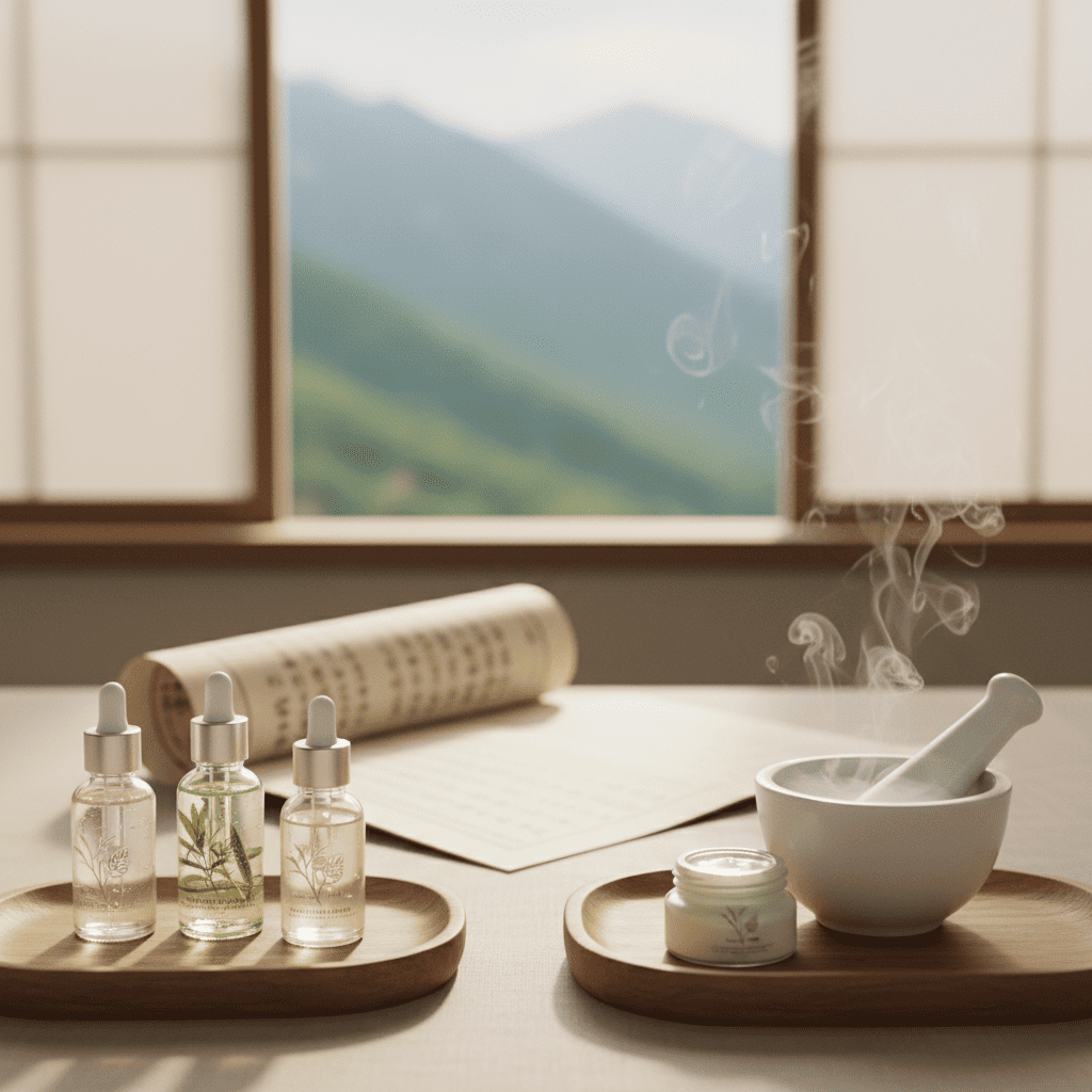 Phenoxyethanol-free skincare products with natural preservatives displayed against Yunnan mountain landscape view