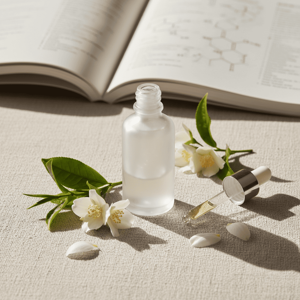 Clean beauty serum bottle with botanical ingredients and natural preservative system for sensitive skin types