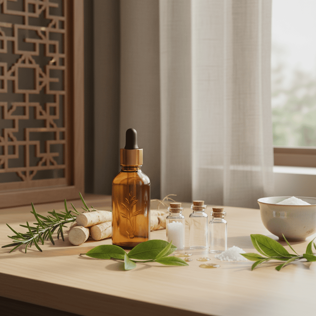 Amber serum bottles with green tea and glyceryl caprylate natural preservatives in Franco-Chinese aesthetic