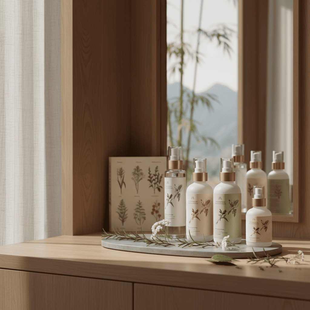 Botanical skincare line with herbal illustrations using safe preservative systems from Yunnan plant extracts