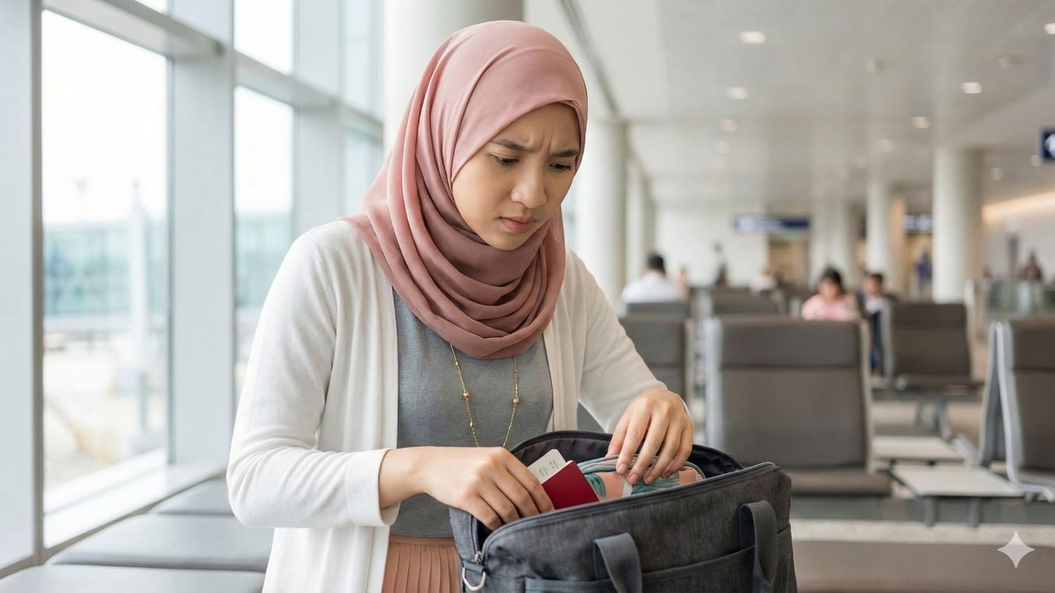 Wanita Melayu berhijab di lapangan terbang sedang memeriksa beg sebelum perjalanan