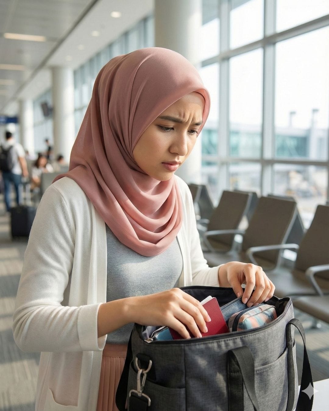 Wanita Melayu berhijab di lapangan terbang sedang memeriksa beg sebelum perjalanan