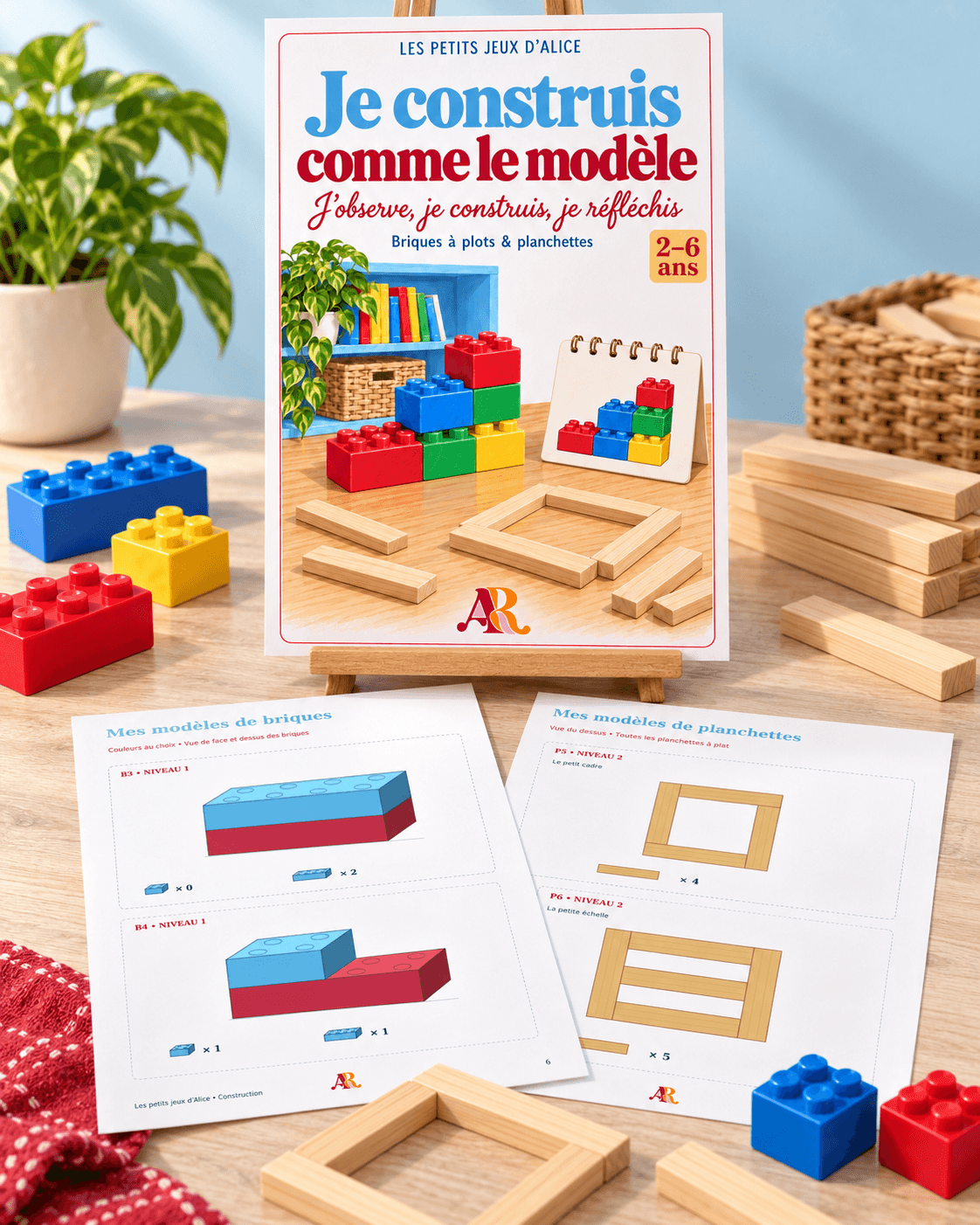 Mise en scène du pack Je construis comme le modèle, briques à plots et planchettes