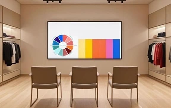 Sala con pantalla de colorimetría y prendas en burros, representando la asesoría de imagen corporativa.