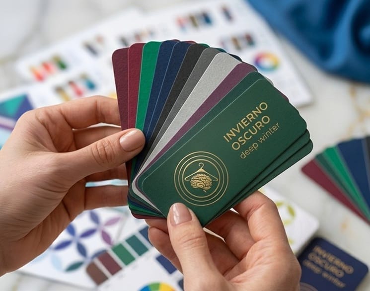 Manos sosteniendo tarjetas de color utilizadas en el análisis de color personal con enfoque neurosensorial..