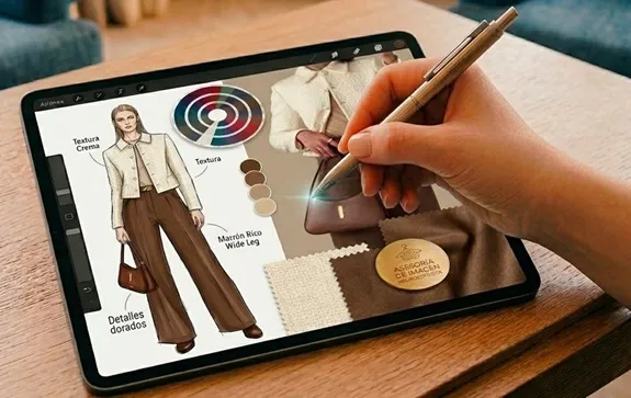 Manos señalando imágenes de estilismo en una pantalla digital, representando la asesoría de imagen personal.