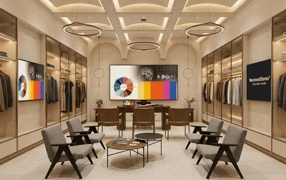 Sala con pantalla de colorimetría y prendas en burros, representando la asesoría de imagen corporativa.