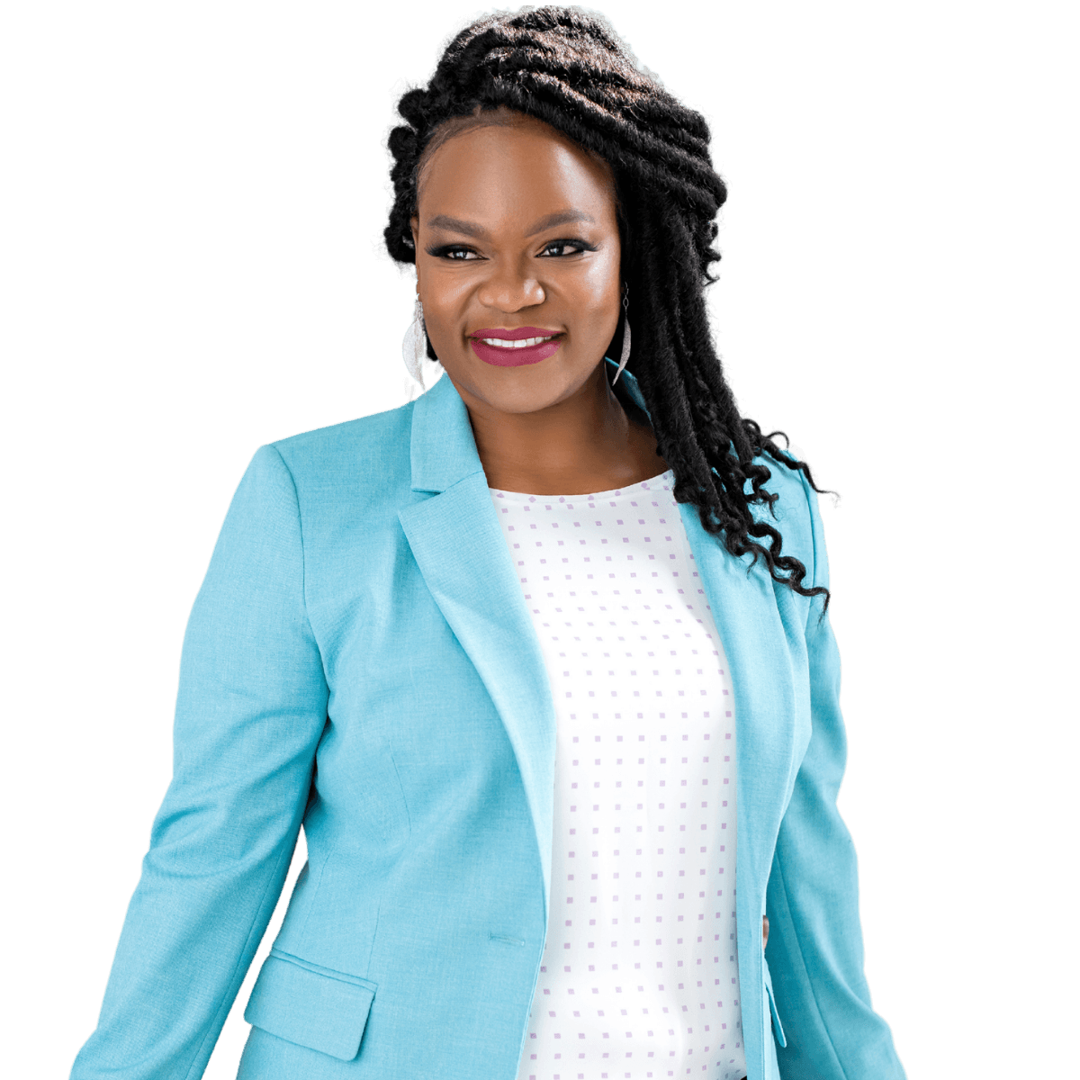 Ingrid Luster, in teal suit, with a confident and welcoming smile