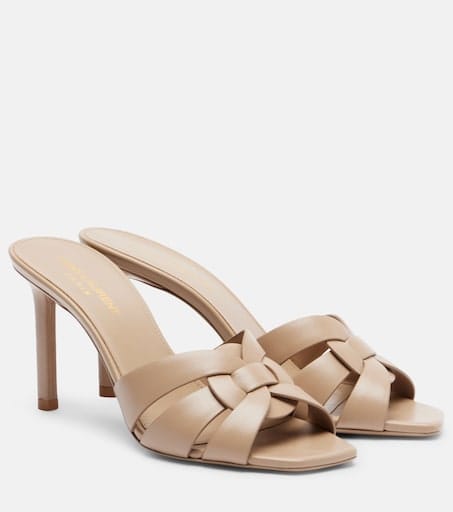 Saint Laurent Tribute 85 mule beige calfskin crossed strap — luxury investment shoes women 2026 — aecreativ.eu