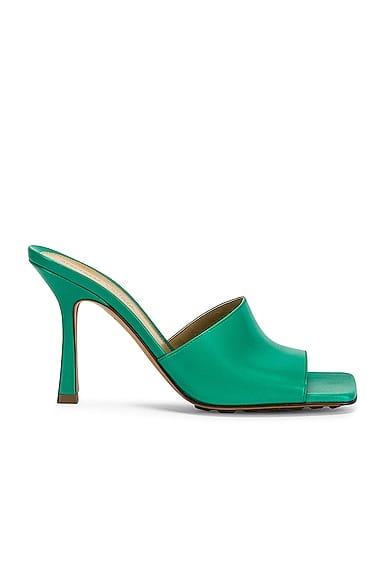 Bottega Veneta Stretch mule acid turquoise lambskin square toe — luxury investment shoes women 2026 — aecreativ.eu