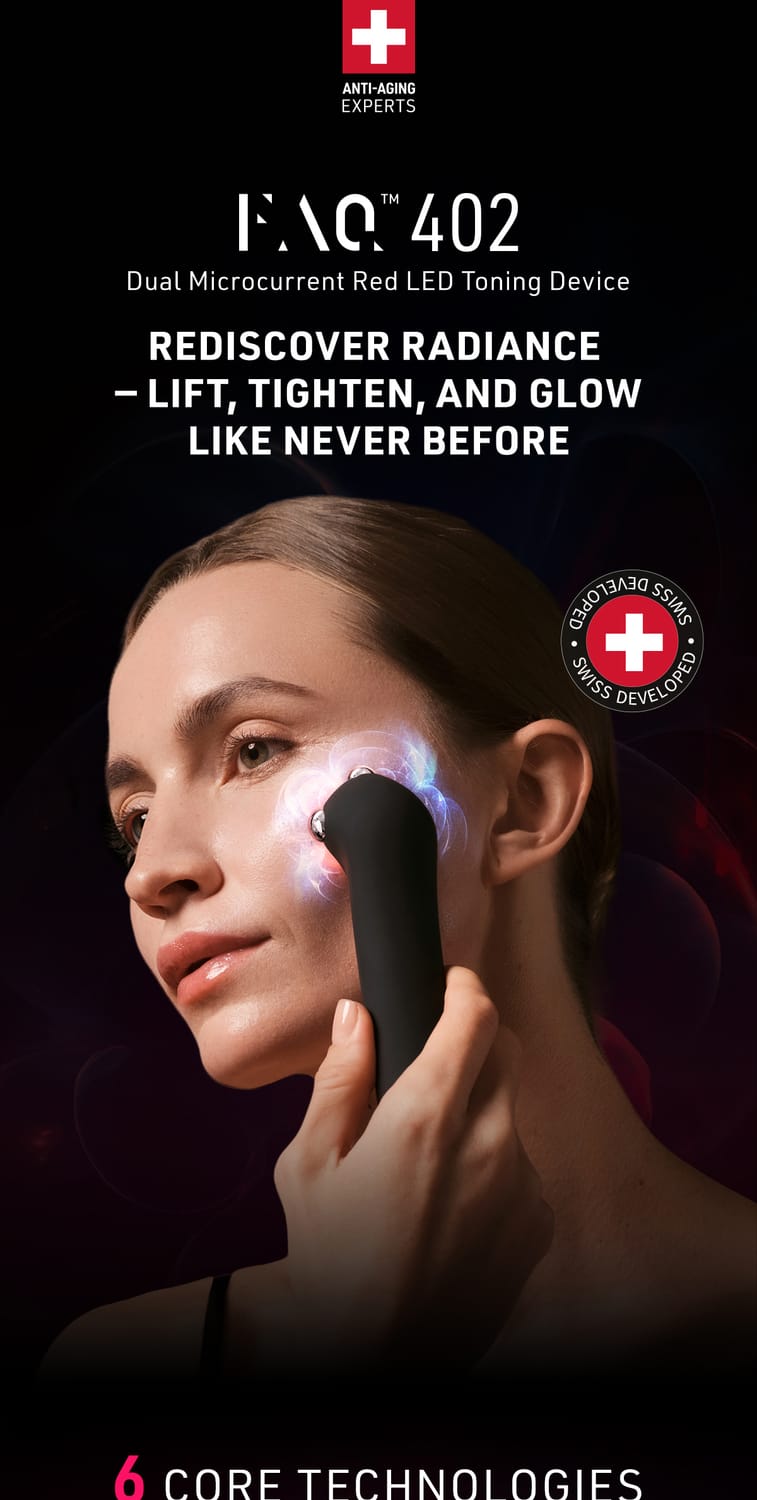 FOREO FAQ 402 product packaging showing lift, tighten and glow results