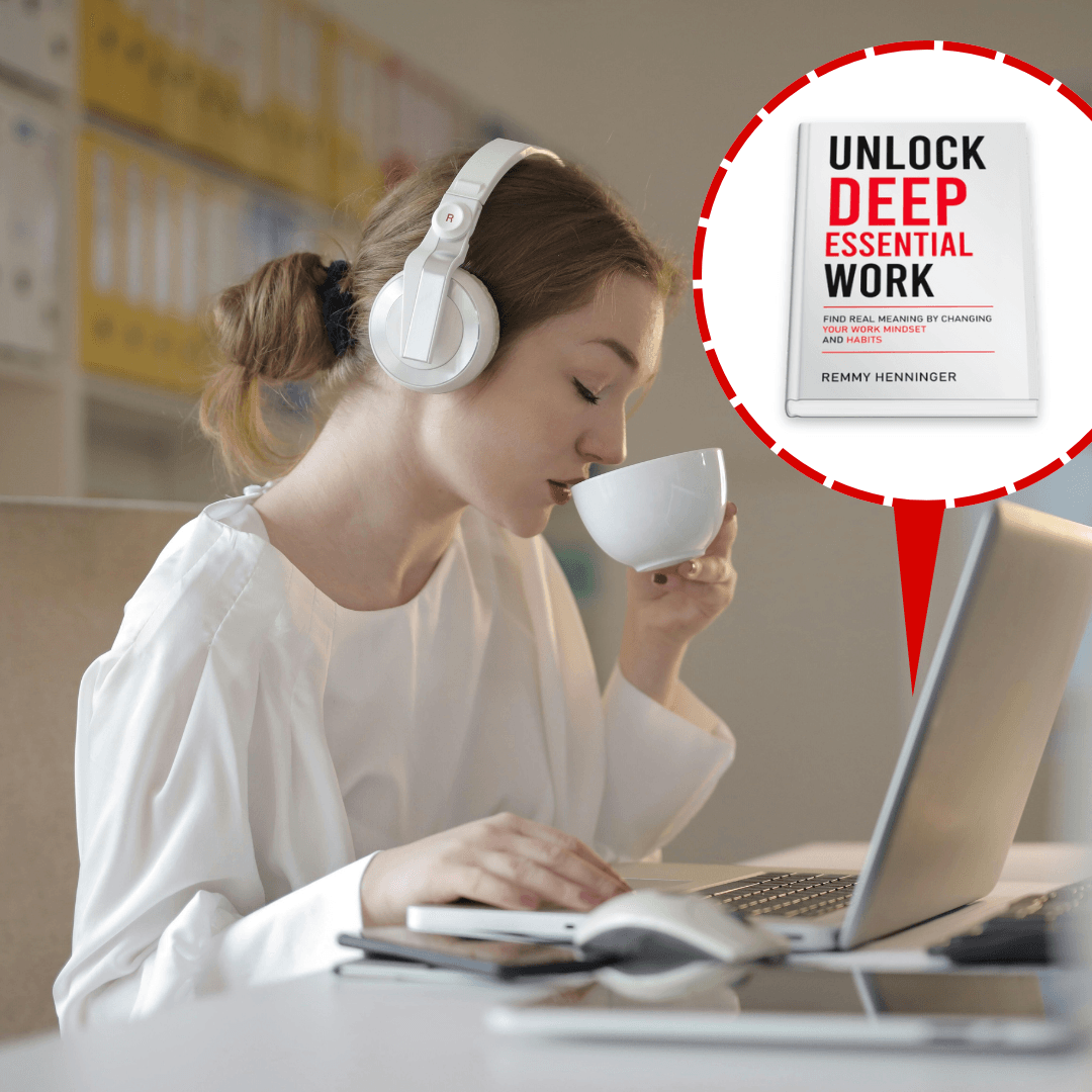 Woman listening to audiobook with her morning coffee