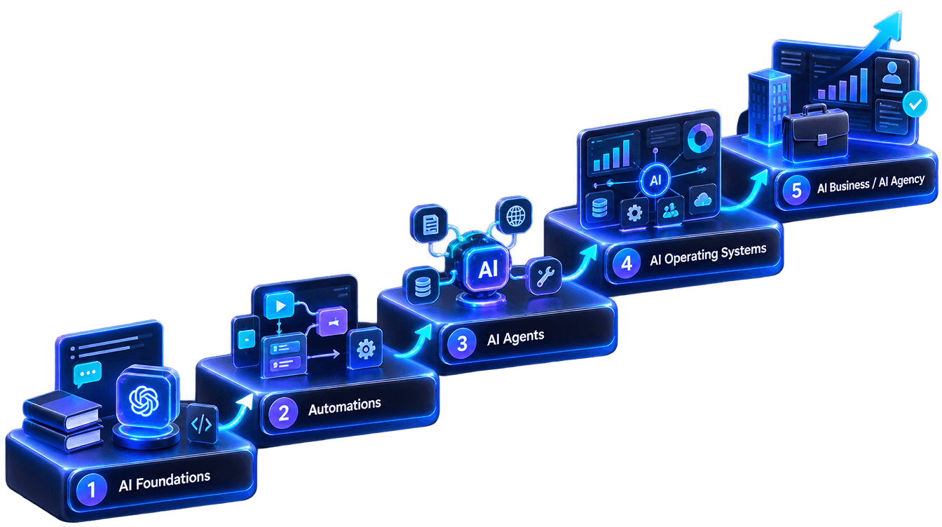 AFM 5-phase roadmap: AI Foundations, Business Automations, AI Agents, AI Operating Systems, and AI Business & Agency