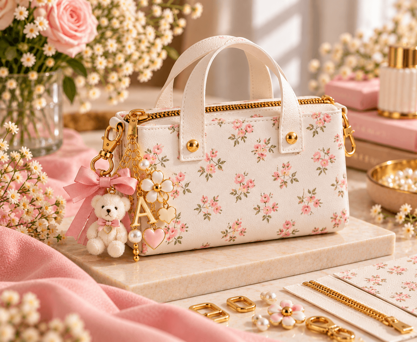 Floral White Mini Bag Charm