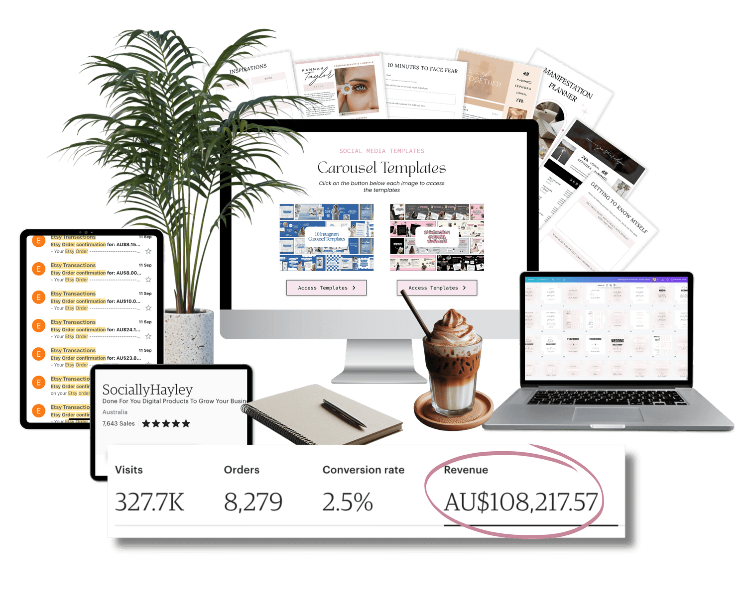 Digital product ideas including planners, journals, trackers, cards, to resell as your own