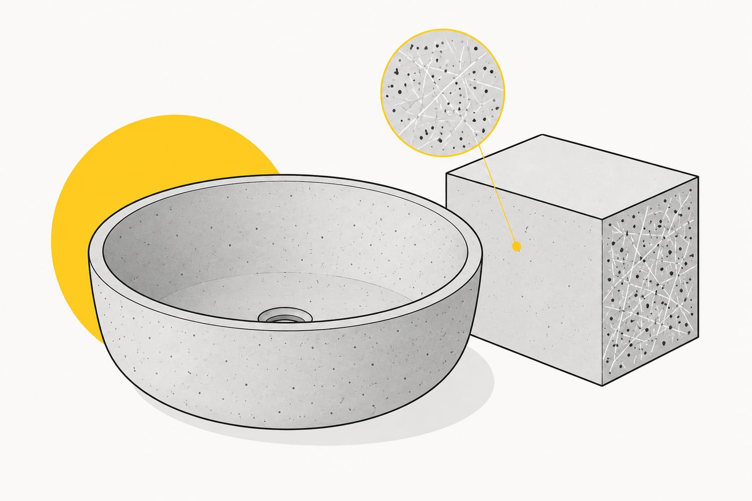 Illustration of a modern GFRC concrete vessel basin beside a concrete block showing the lightweight glass fibre reinforced concrete material.