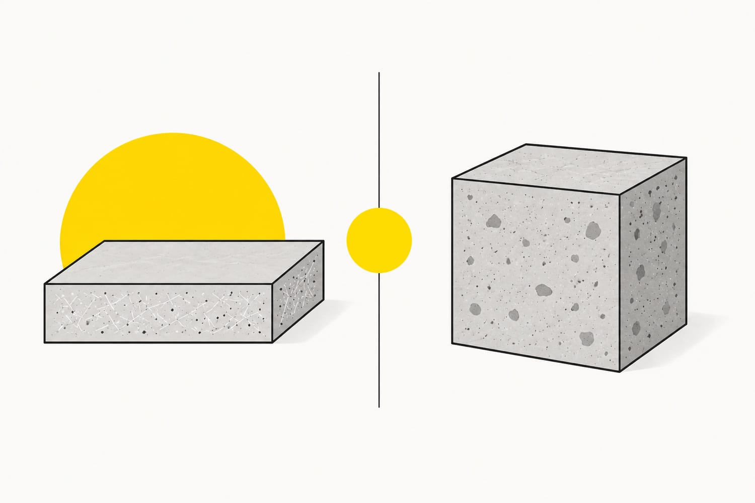 Comparison illustration showing a thin lightweight GFRC panel beside a thicker traditional concrete block to demonstrate the difference between the two materials.